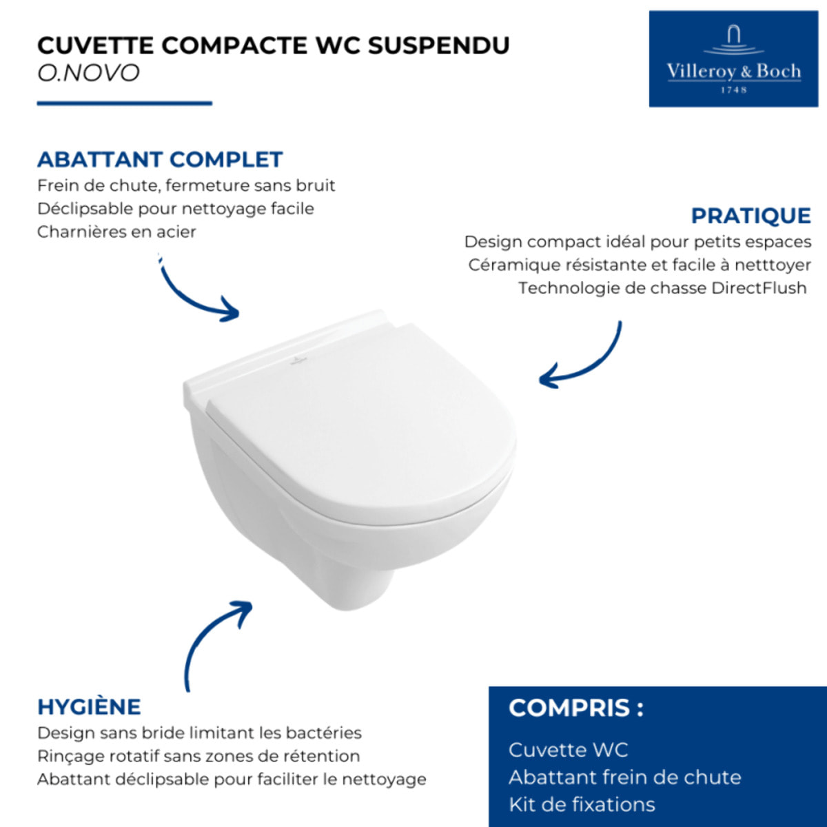 Cuvette WC suspendu compact sans bride Villeroy & Boch O.novo + abattant frein de chute