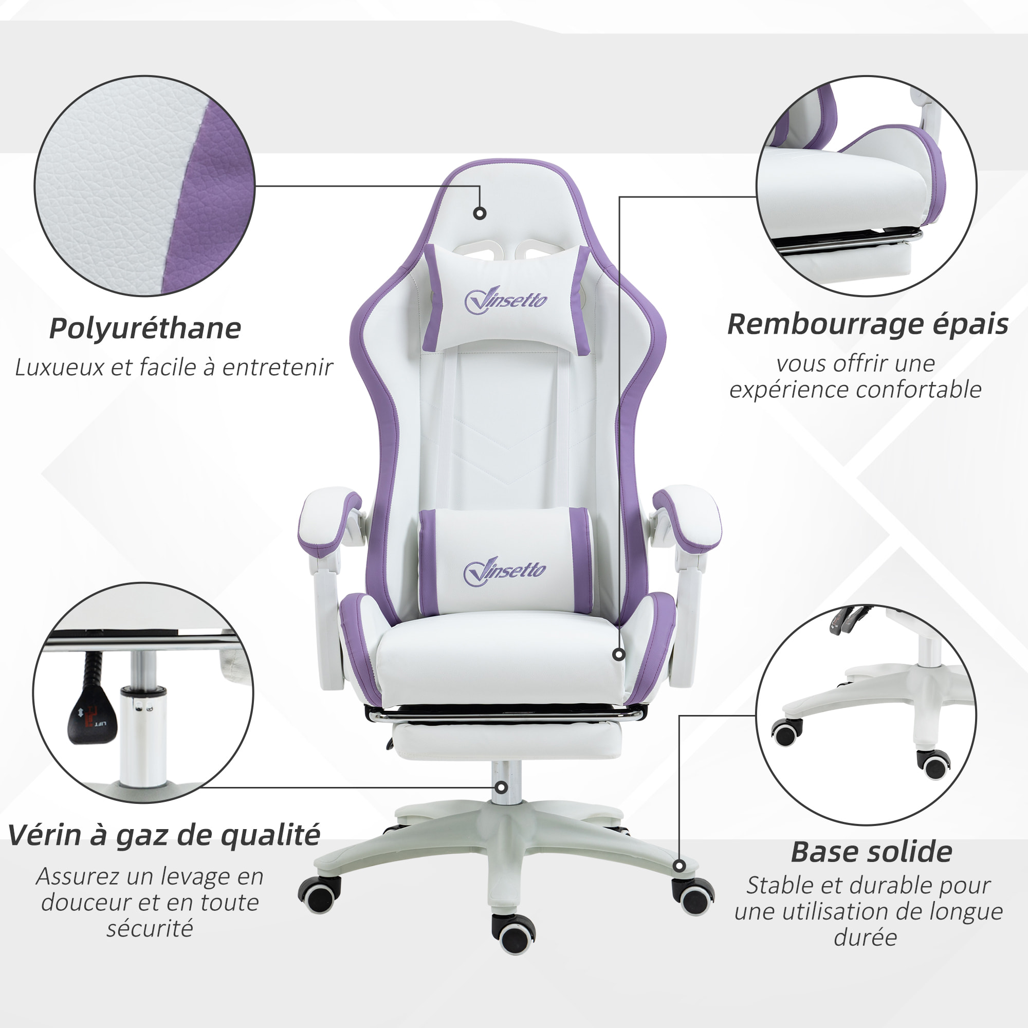 Chaise de bureau gaming - inclinable, pivotant, réglable - coussins lombaires têtière inclus - mauve blanc