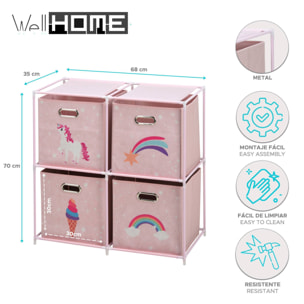 Well home cajonera infantil de 4 compartimentos con marcos de metal y color rosa