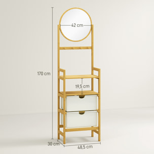 Estantería de Baño de Bambú con Espejo Estantería de Almacenaje con 4 Ganchos 2 Estantes Abiertos y 2 Cajones de Tela para Cocina Baño Salón 48,5x30x170 cm Natural