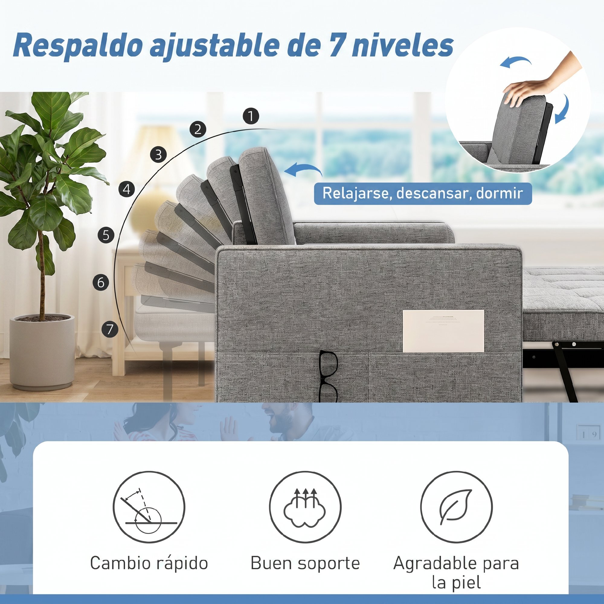 HOMCOM Sofá Cama 2 Plazas 3 en 1, Sofá Cama Deslizantede Tejido Lino con Respaldo Ajustable 6 Niveles, Bolsillos Laterales, 2 Cojines con Fundas Extraíbles para Sala de Estar, Espacios Pequeños, Gris