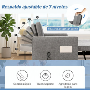 HOMCOM Sofá Cama 2 Plazas 3 en 1, Sofá Cama Deslizantede Tejido Lino con Respaldo Ajustable 6 Niveles, Bolsillos Laterales, 2 Cojines con Fundas Extraíbles para Sala de Estar, Espacios Pequeños, Gris