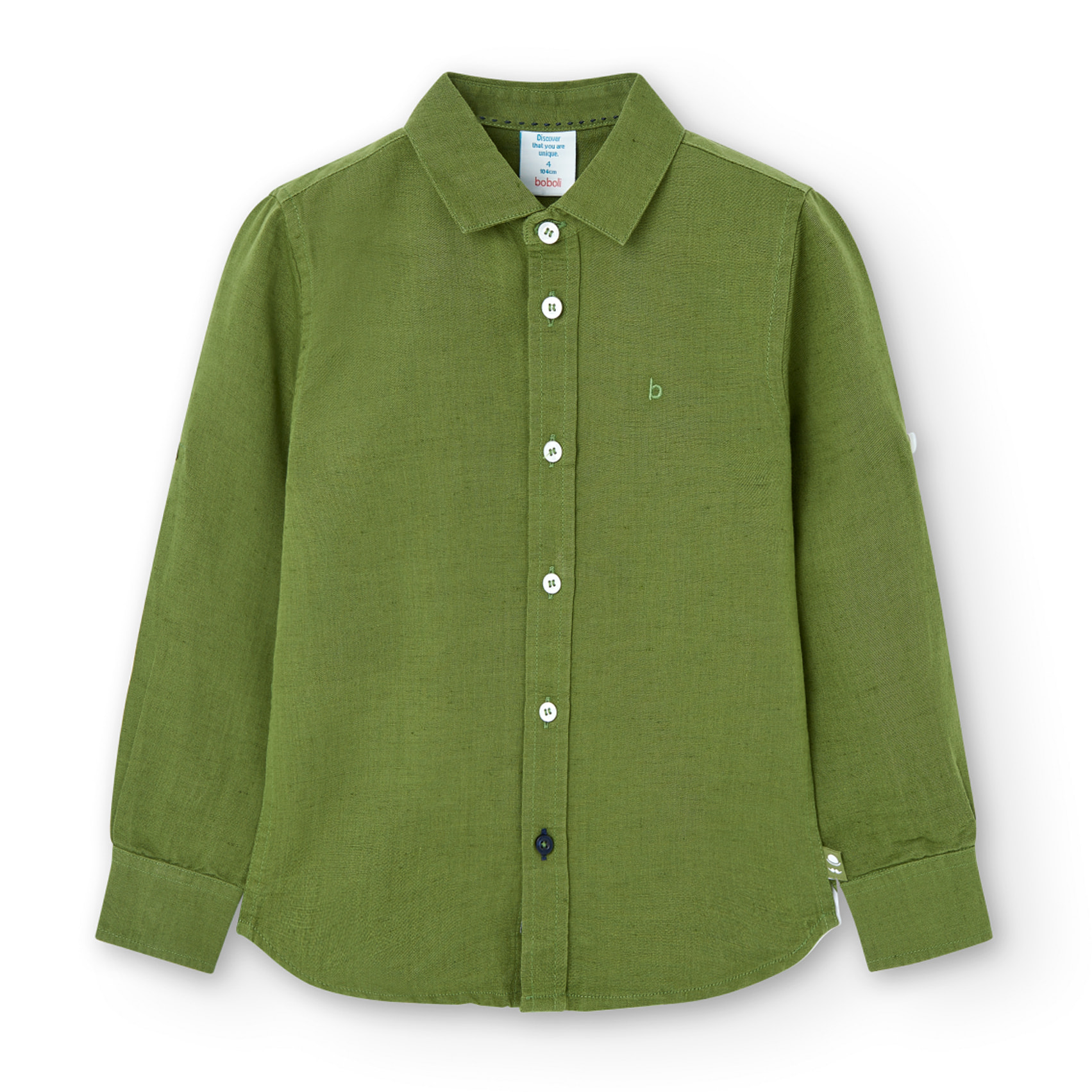 Camisa larga niño, lino estampada lisa, verde militar