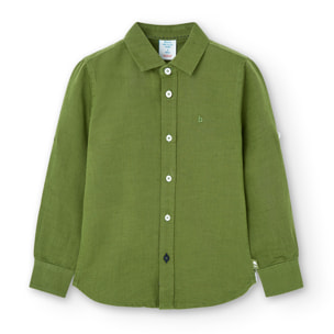 Camisa larga niño, lino estampada lisa, verde militar