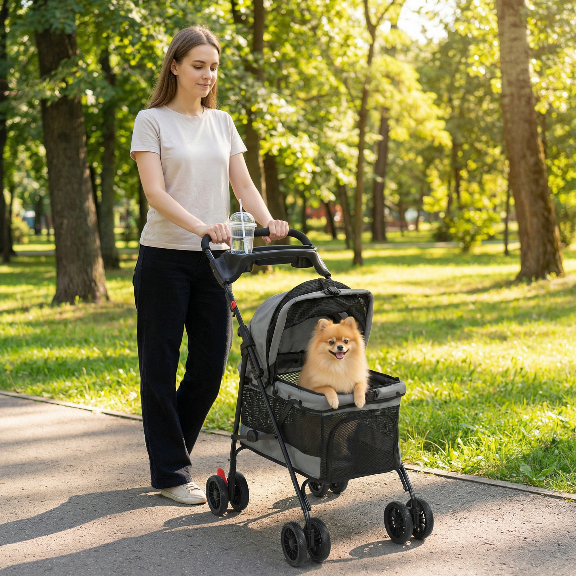 Cochecito para Perros Plegable, hasta 10 kg, Carrito para Perros Pequeños y Gatos de 4 Ruedas de EVA, Giratorio y Freno, Ventanas de Malla, Cojín Extraíble, Bandeja y Portavasos, Ligero, Gris