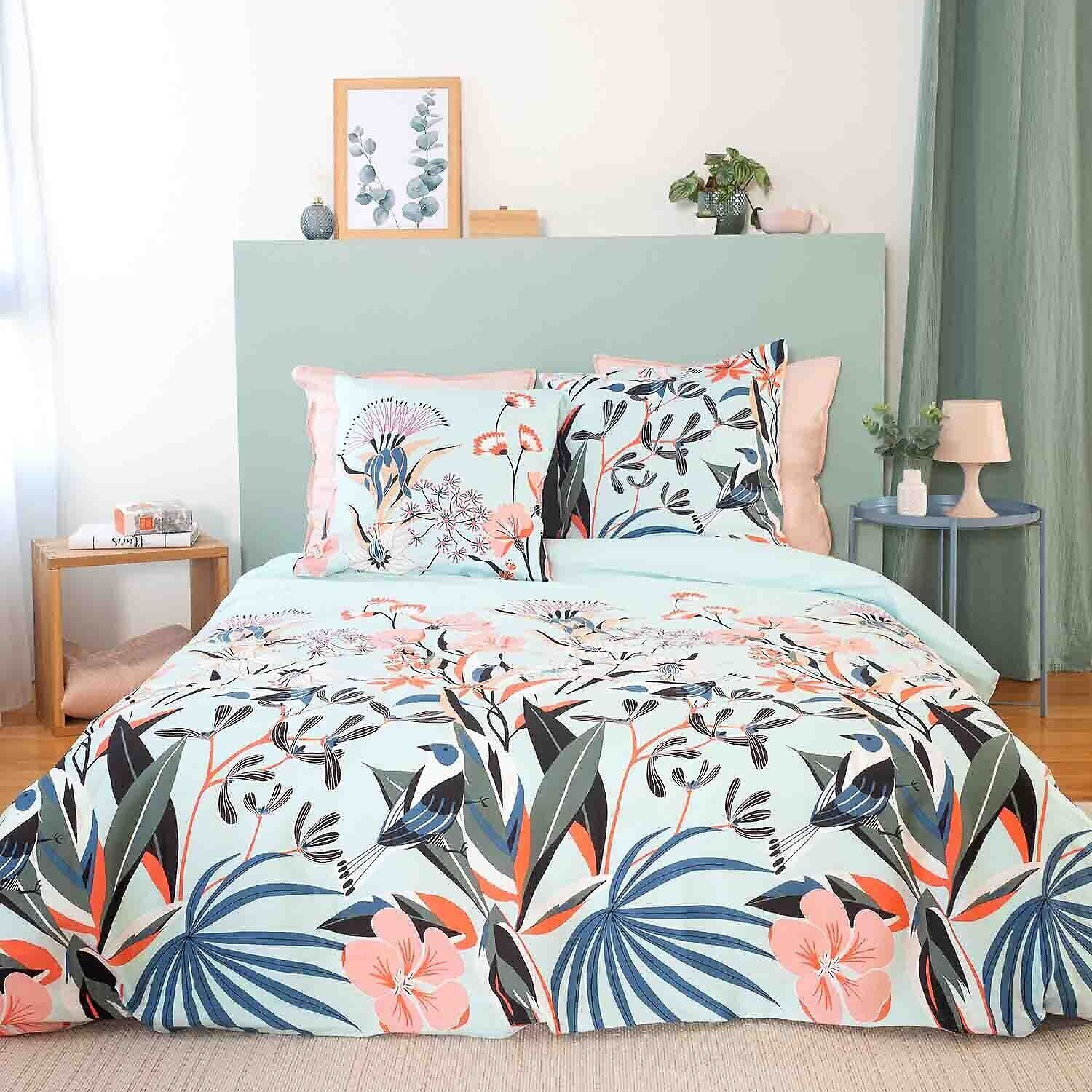 Parure housse de couette imprimé 100% satin de coton - paya - rose