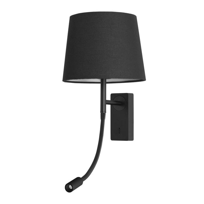 Forlight Janet - Aplique de Pared para Dormitorio E27 Luz de Lectura LED Blanco Cálido 3000K. Aluminio Negro Pantalla de Textil