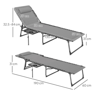 Tumbona Plegable, Tumbona Jardín Exterior con Respaldo Ajustable, Reposacabezas, Bolsillo Lateral, Bandeja y Estructura de Acero, Carga 120 kg para Terraza Piscina Playa, 190x60x31 cm, Gris