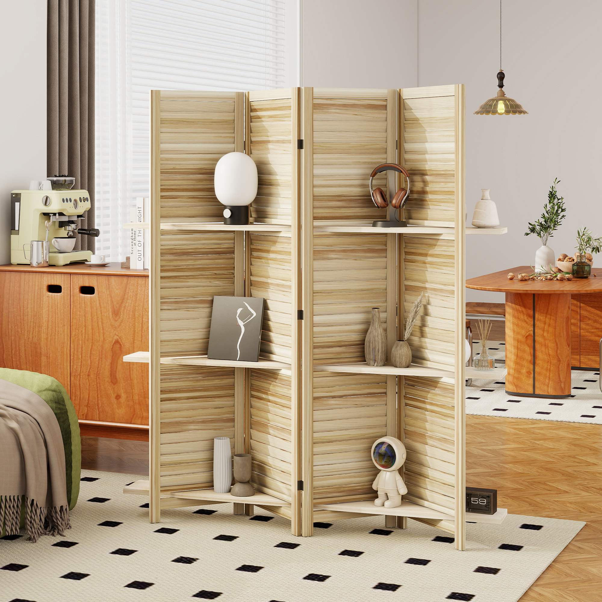 Paravent intérieur 4 panneaux 3 étagères pliables séparateur de pièce portes persiennes bois de paulownia autoclave
