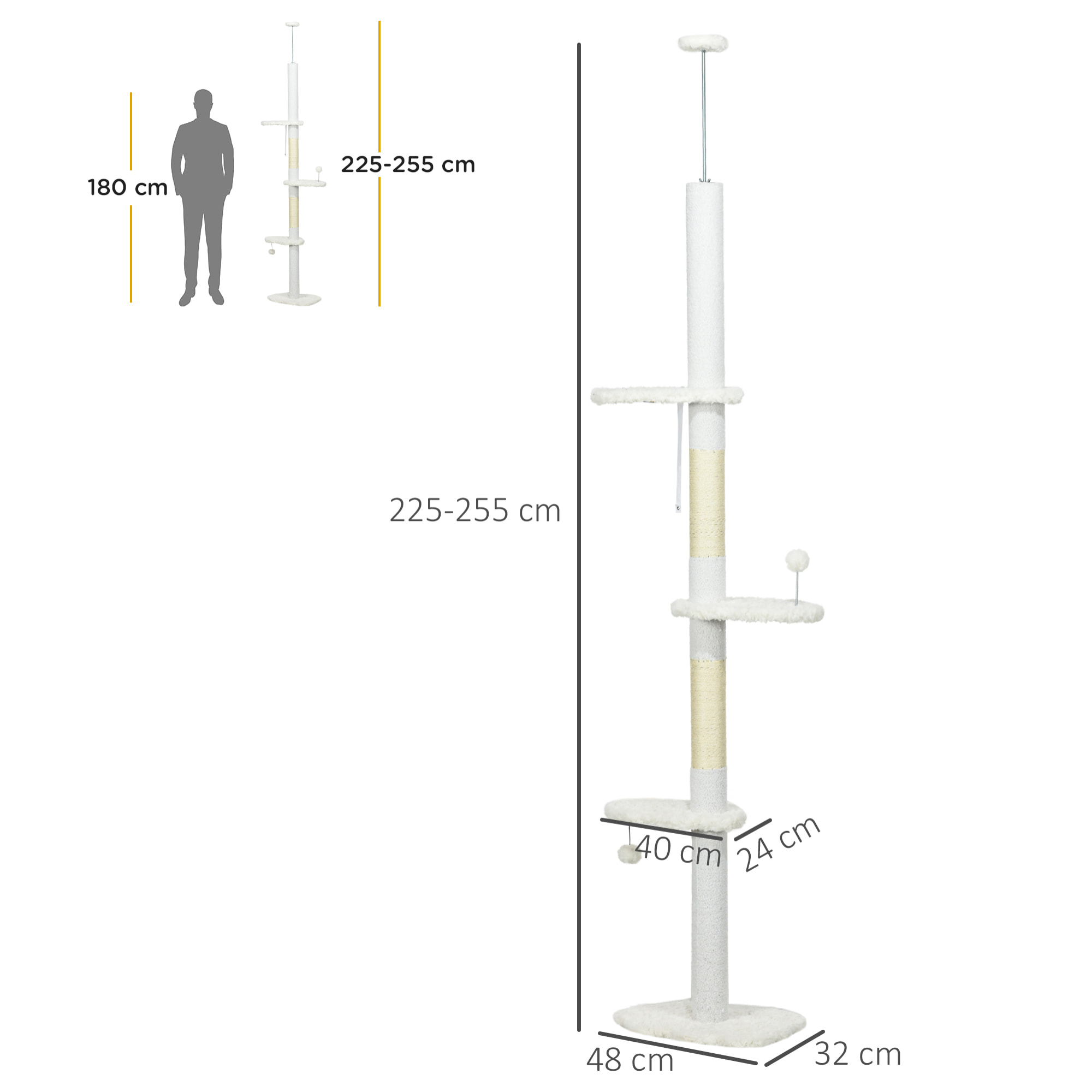 Arbre à chat réglable en hauteur 225-255 cm - tour pour chat 3 griffoirs nuages, 2 balles - blanc