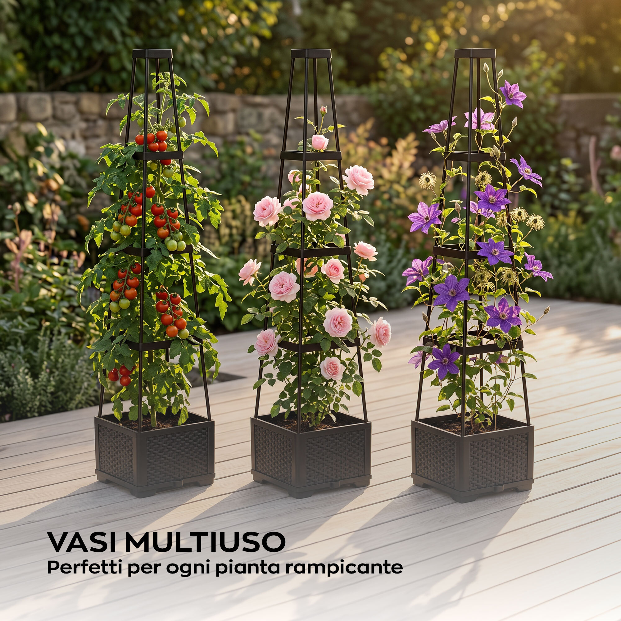 Kiri - Set 2 Vasi Fioriere per Piante di Pomodoro Rampicanti 27x 142,5 cm Autoirrigante in Plastica Nero