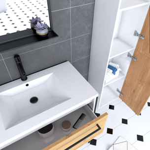 Pack meuble de salle de bain 80x50 cm - 2 tiroirs - vasque blanche + miroir noir mat + colonne