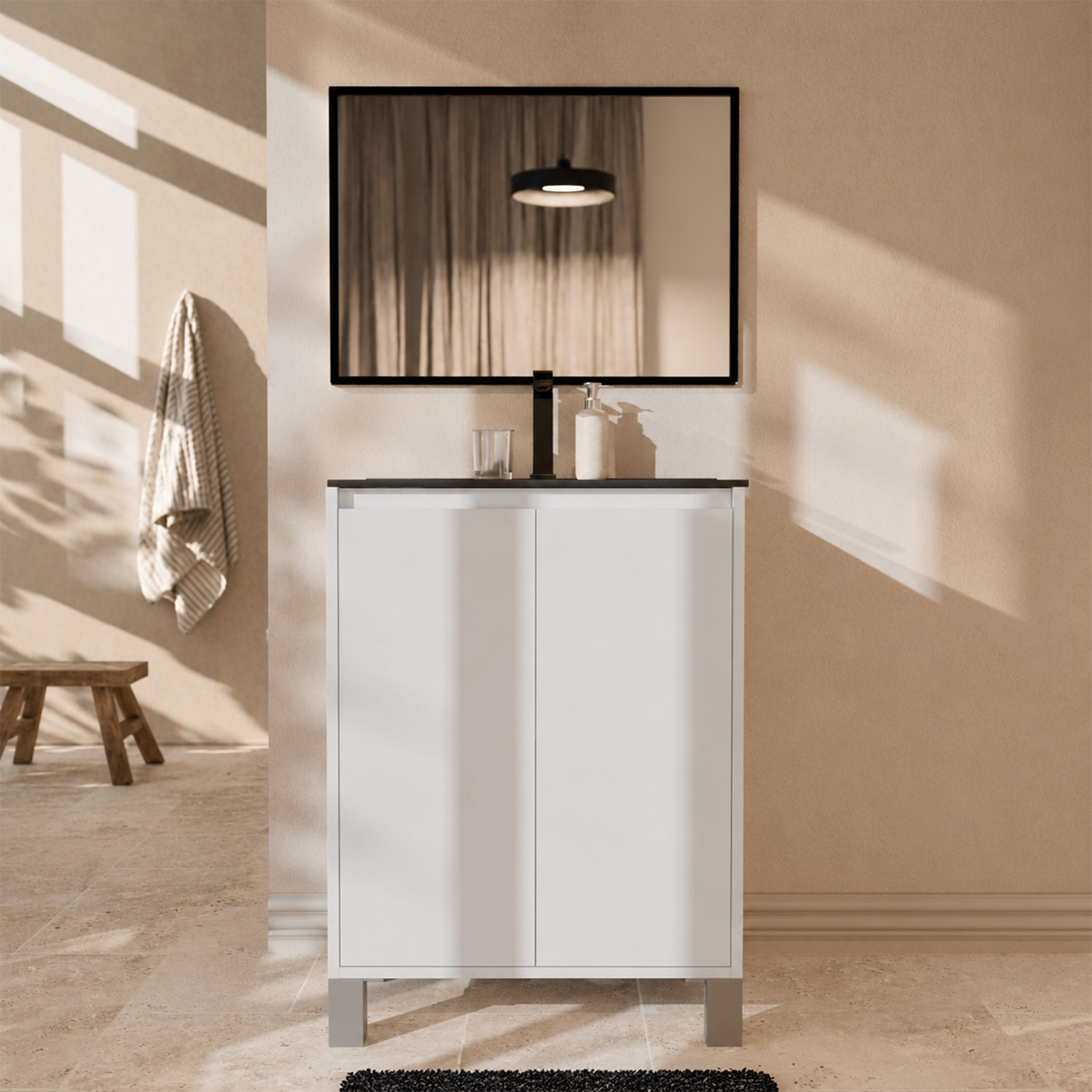 Meuble de Salle de Bains 50cm 2 portes Blanc, Vasque Noire et Miroir Cadre Noir 50x70 - XENOS