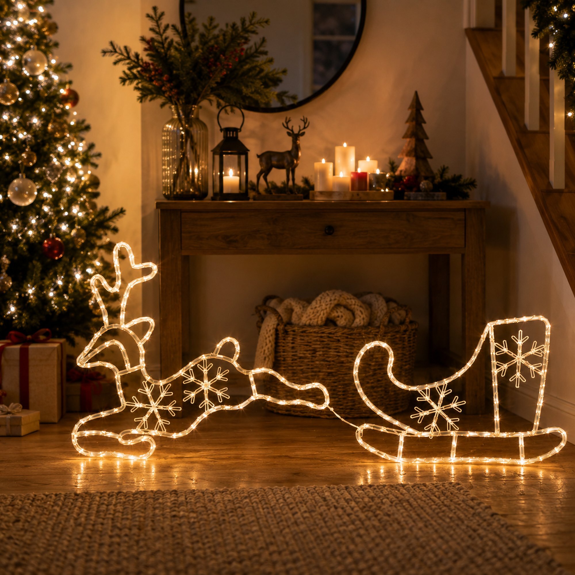 Reno con trineo led blanco c álido con 180 leds con efecto flash, para exterior e interior 130x51 cm