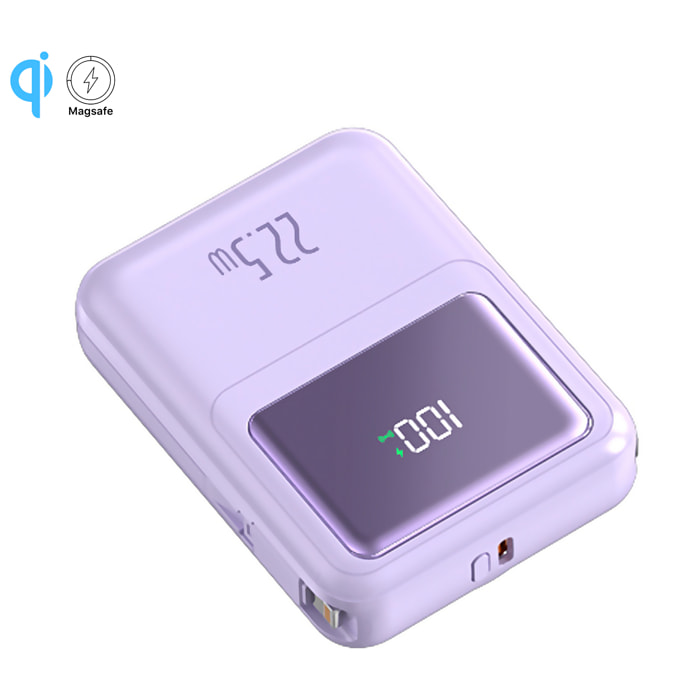Powerbank 10.000mAh con ricarica rapida PD22,5W e ricarica wireless da 15W. Cavi USB-C e Lightning integrati. Display LED di carica.