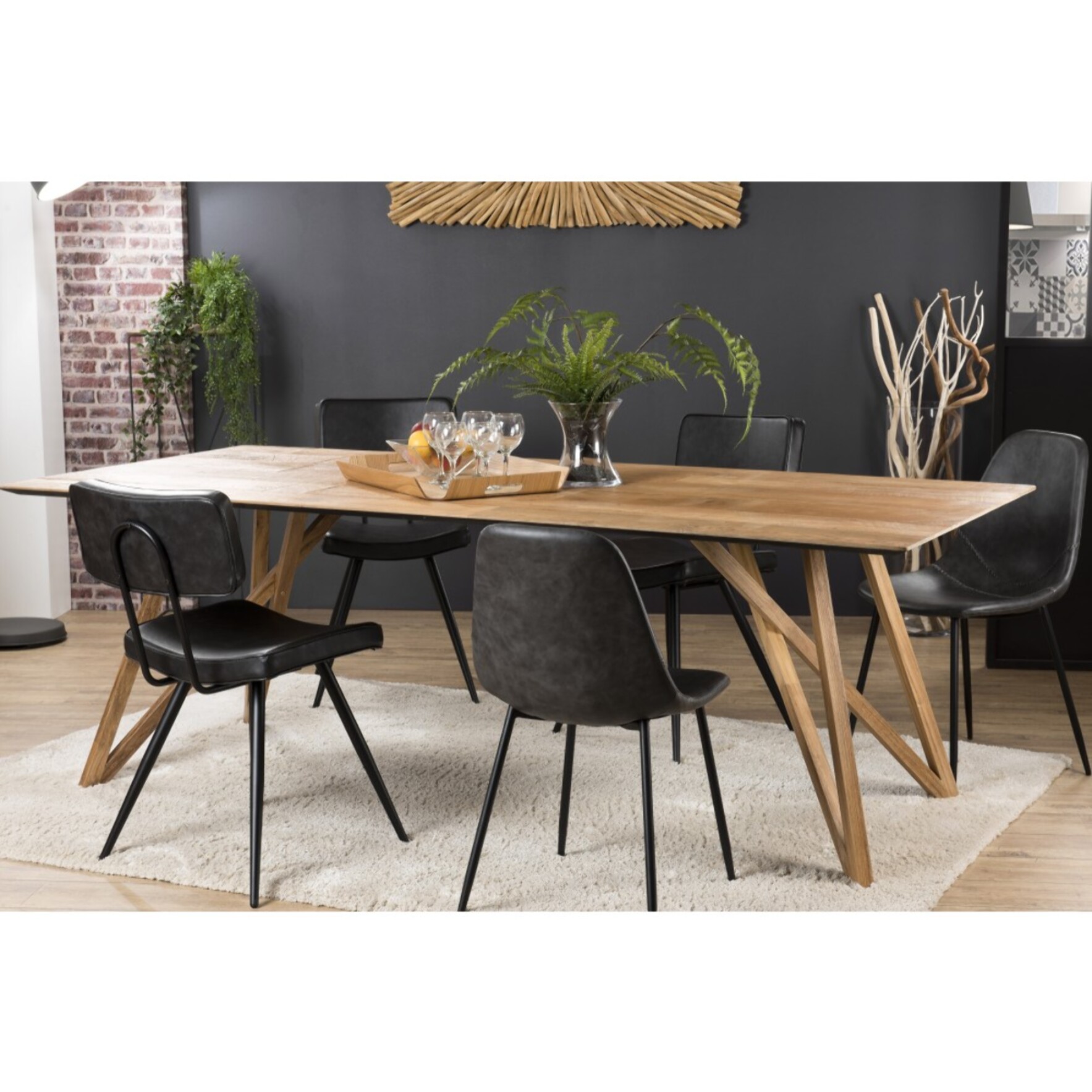 MAXENCE - Table à manger rectangulaire 220x100cm bois teck recyclé pieds croisés teck