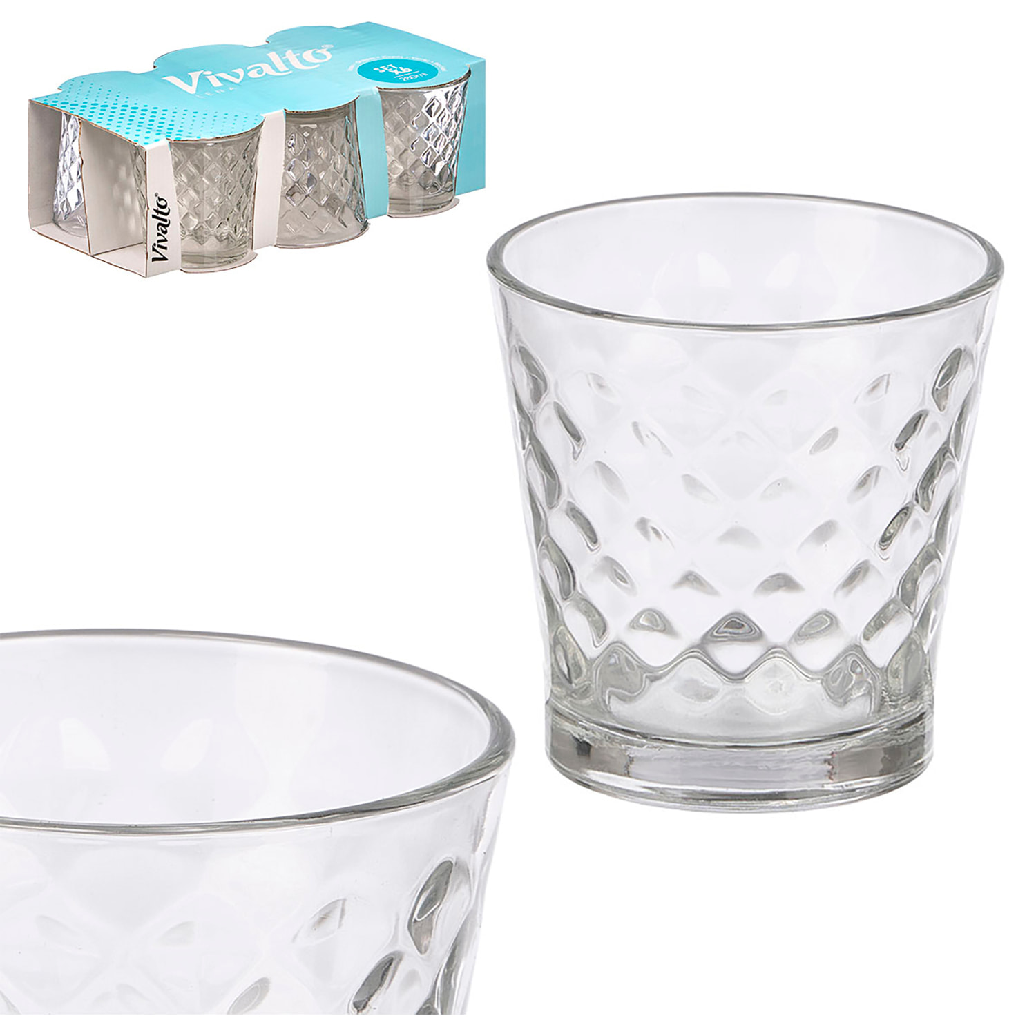 Set di 6 bicchieri trasparenti con design "rombi". 280ml