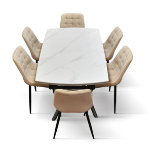 Tavolo BONIFACIO in ceramica bianco statuario e base in metallo verniciato nero, allungabile 140x90 cm - 200x90 cm