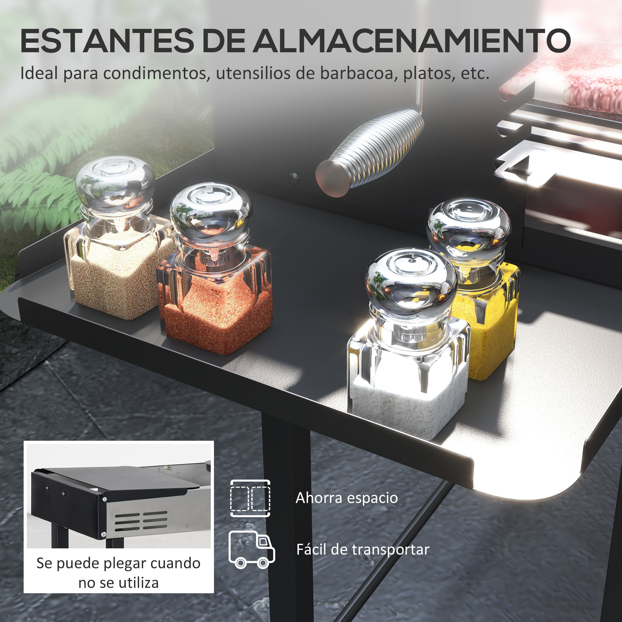 Barbacoa de Carbón Barbacoa Portátil 118x32x90 cm con Pincho Giratorio Ajustable en Altura de 3 Niveles Parrilla Plegables y Paravientos para Pícnic Camping Negro