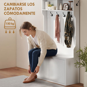Perchero Zapatero, Perchero Recibidor con 2 Puertas, Estantes Abiertos, 6 Ganchos, para Pasillo, Dormitorio, Salón, Estilo Moderno, 100x38x172 cm, Blanco