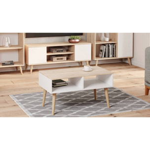 Tavolino basso da soggiorno, Tavolino porta riviste con 2 scaffali e piedini, Stile scandi, cm 55x90h55, colore Bianco e Rovere