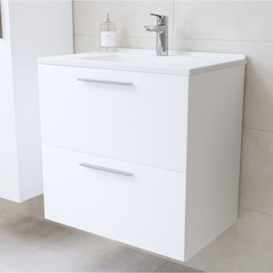 Set Mia ensemble meuble 59x61x39,5cm avec miroir, lavabo, éclairage LED + armoire 145x35x35cm, Blanc brillant