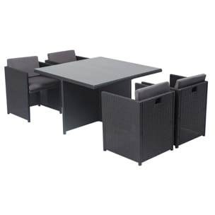 Table et chaises 4 places encastrables en résine noir-gris REGINA