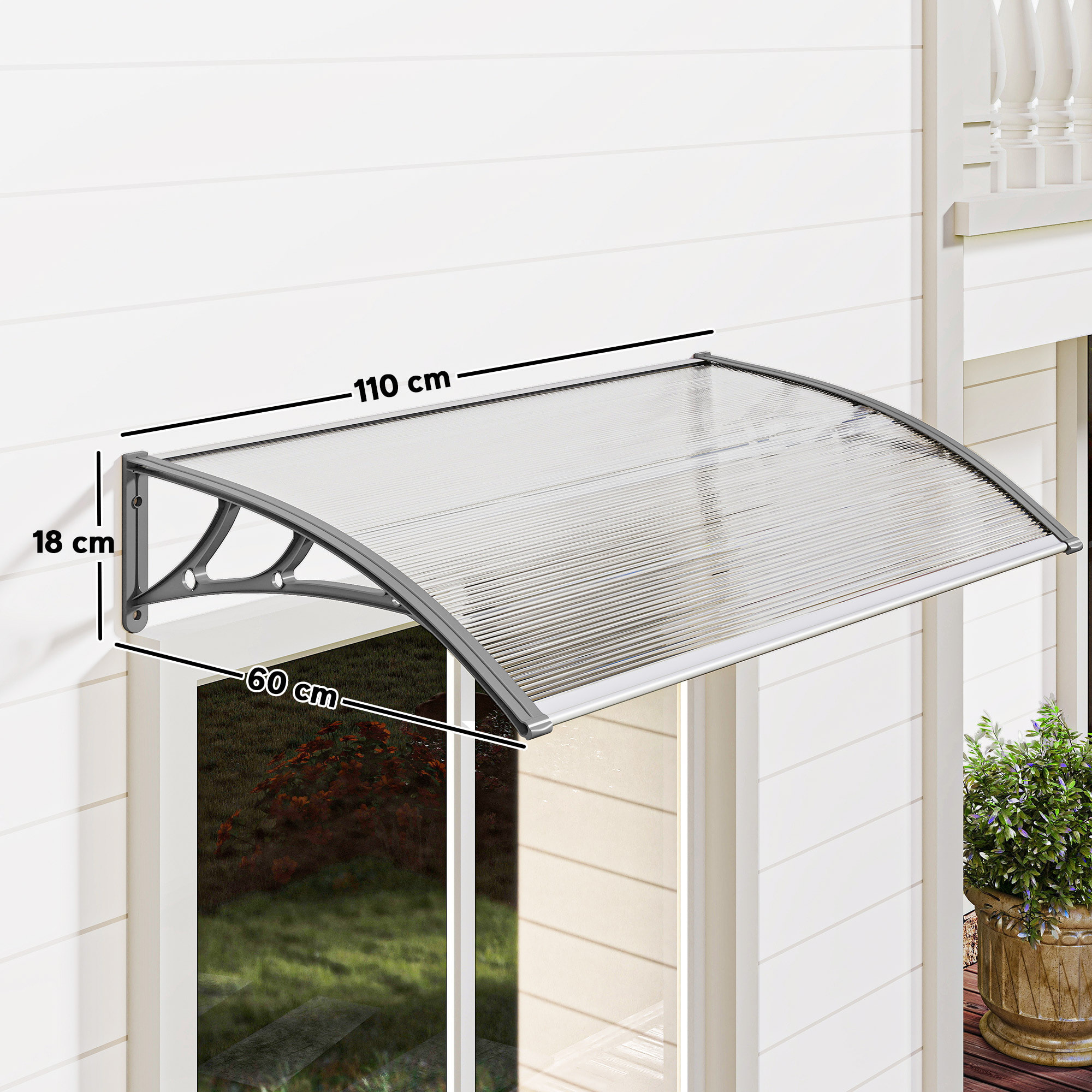 Marquesinas Exterior para Puertas y Ventanas, 110x60 cm, Tejadillo de Protección contra Sol y Lluvia, con Cubierta de Policarbonato, Soportes de PP y Regleta de Aluminio, Gris y Transparente