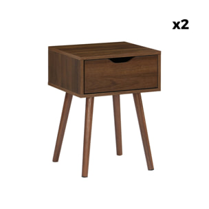 Lot de 2 tables de chevet décor bois teinté noyer. 1 tiroir