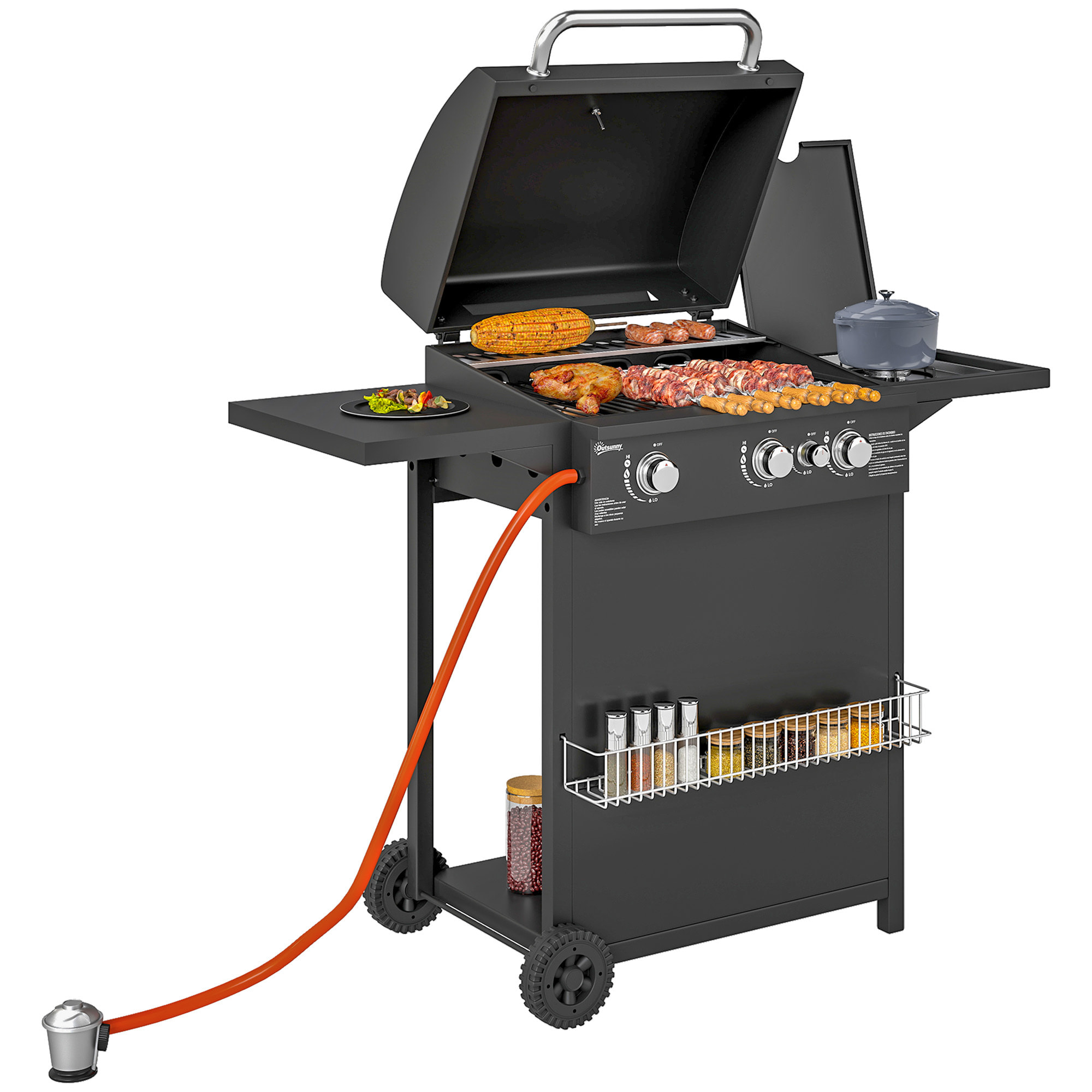 Barbacoa de Gas BBQ Gas con 3+1 Quemadores 8,5 kW Barbacoa Portátil con Termómetro Mesa Lateral Parrilla Recogedor de Grasa 2 Ruedas para Jardín Exterior Camping Negro