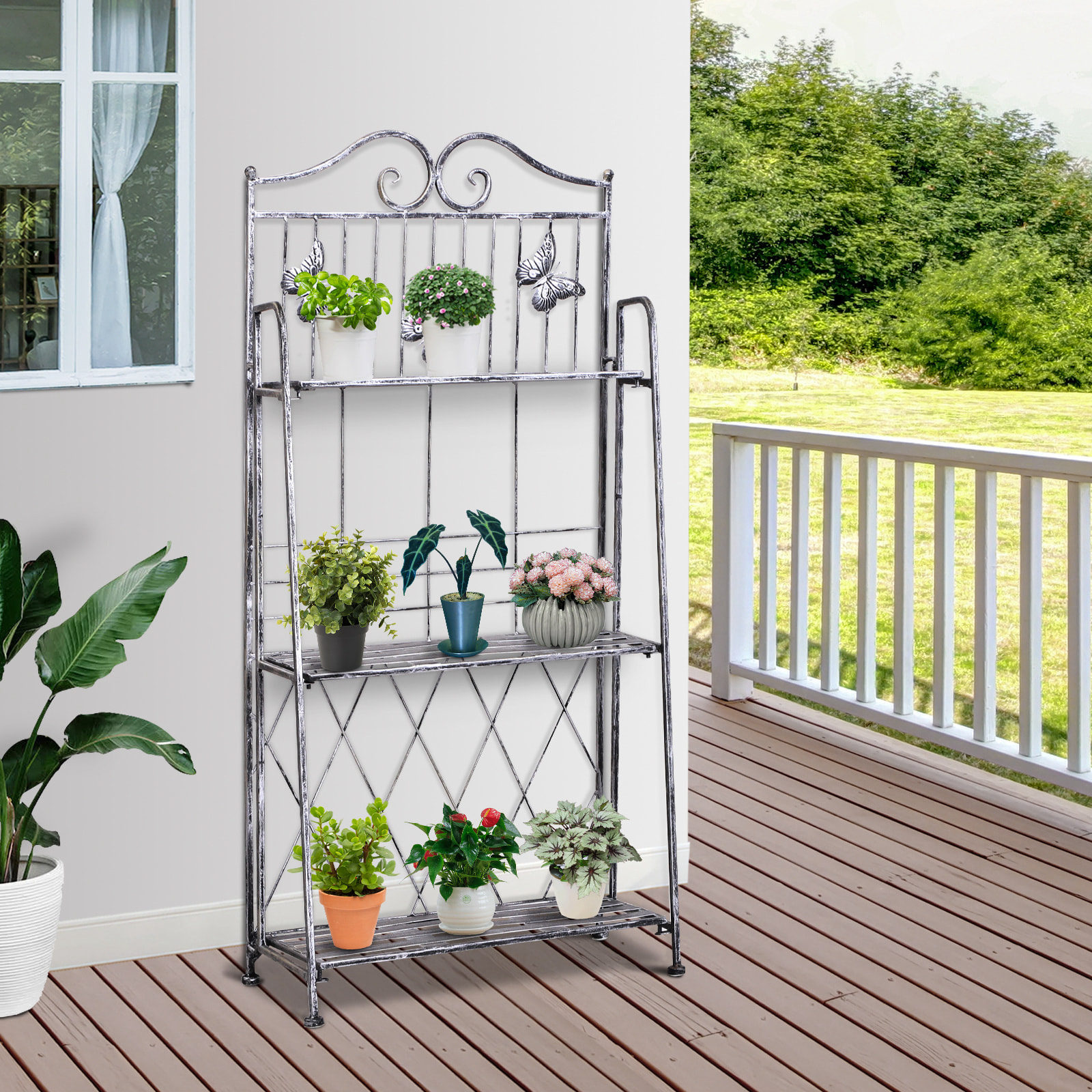 Estantería para Plantas Plegable Soporte para Plantas de 3 Niveles con Estructura de Metal Soporte para Macetas para Interior y Exterior Gris Plateado