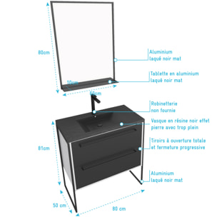 Meuble de salle de bain 80x50 cm Blanc - 2 tiroirs noir mat - vasque noire effet pierre - miroir