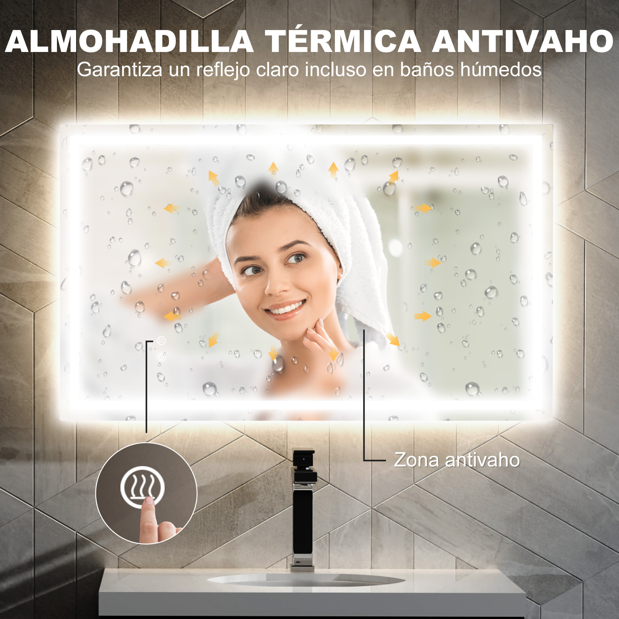 Espejo de Baño con Luz LED 100x60 cm Espejo de Pared con Luz Retroiluminado Antivaho Brillo Regulable Interruptor Táctil IP44 Montaje Horizontal o Vertical