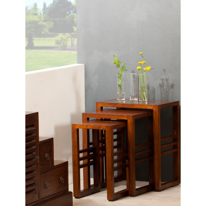 LAUREN - Set de 3 tables gigognes rectangulaires marrons bois Mindi