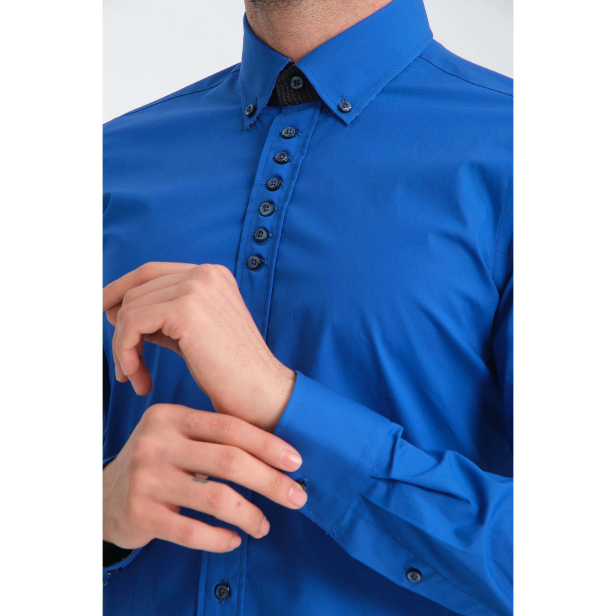 Camicia Uomo 1 Bottoni Button Down Slim Popeline Stretch Unito Bluette