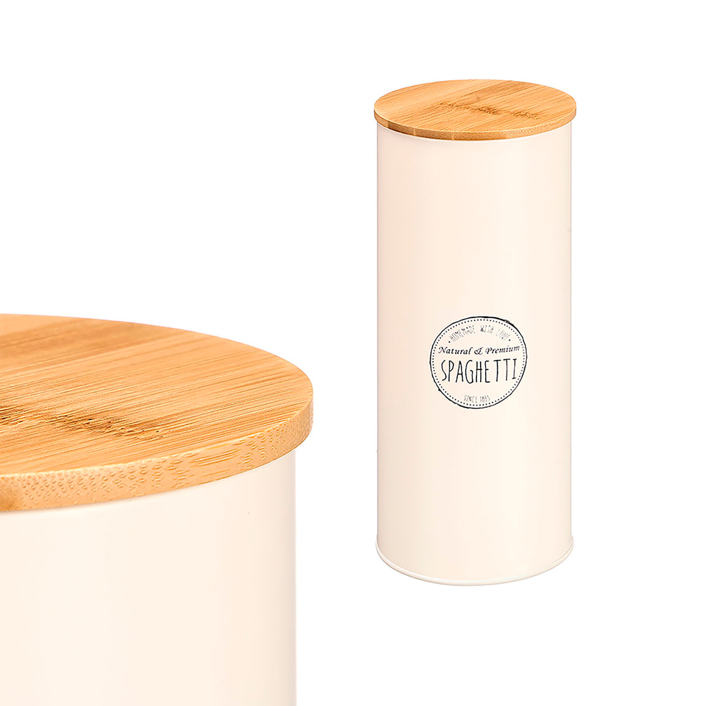 Tarro alto crema con tapa de bambú. Diseño "Spaghetti".