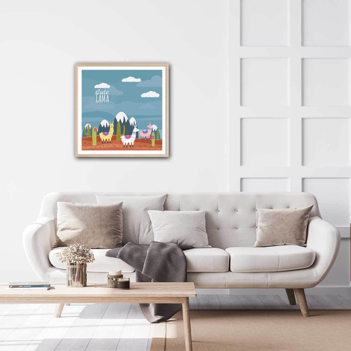 Affiche illustration lamas et sommets enneigés Affiche + cadre en bois - Chêne