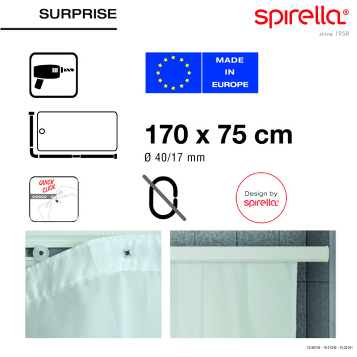 Barre tringle pour rideau de douche d'angle à fixer en Alu SURPRISE 170x75cm Blanc Spirella