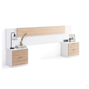 Cabecero para cama de 135-150 cm y 2 mesitas con cajones en blanco artik y roble canadian Akari Blanco Artik (Blanco Mate) - Roble Canadian