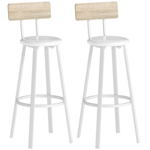 Juego de 2 Taburetes de Bar, Taburetes Altos de Cocina con Respaldo y Reposapiés, Tapizados de PU, Asiento de 75,5 cm de Altura, Fácil Montaje, Estilo Industrial, Natural y Blanco