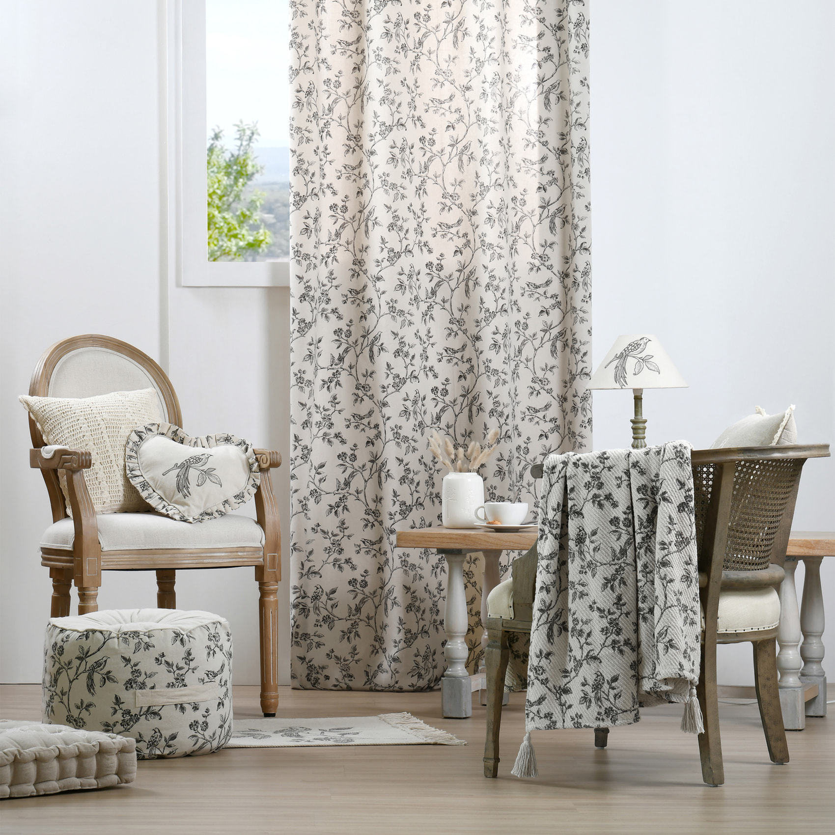 Plaid imprimé floral esprit campagne chic - Ecru