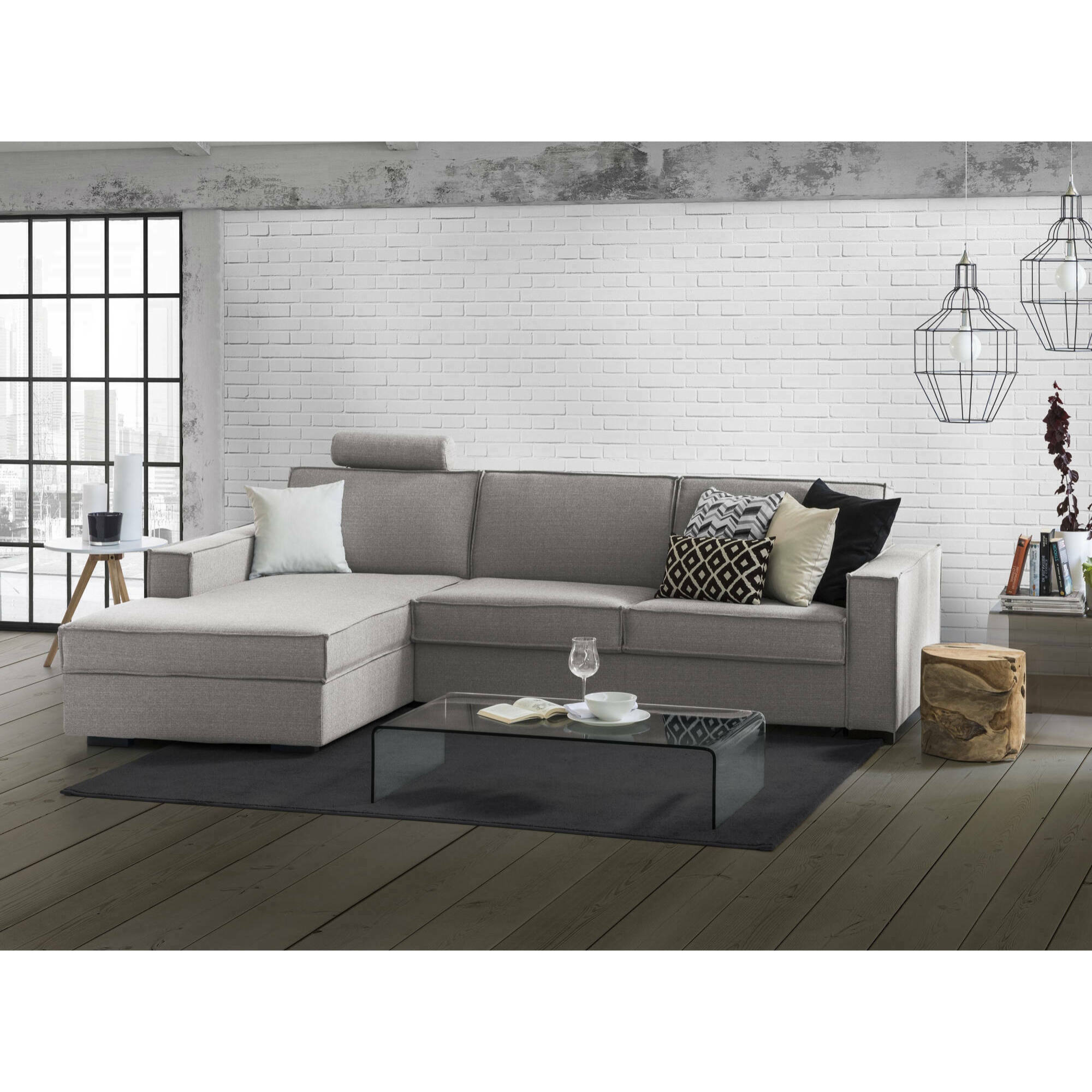 Divano letto con penisola Albenga, Sofà apertura girevole, Penisola contenitore Sinistra, Braccioli slim, 100% Made in Italy, Cm 260x95h90, Grigio