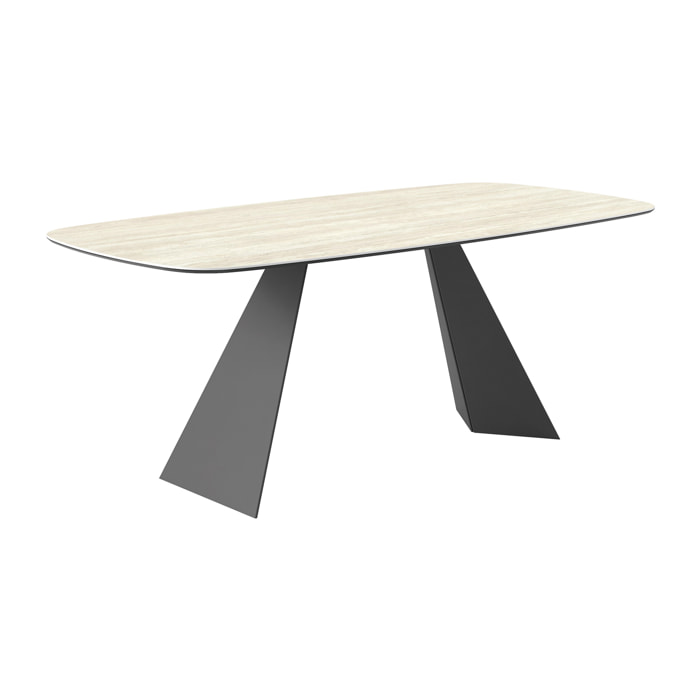 TAVOLO FISSO PRISMA TRAVERTINO - GRIGIO CARBONE, BOTTE BORDO INCLINATO, GRES TRAVERTINO BIANCO