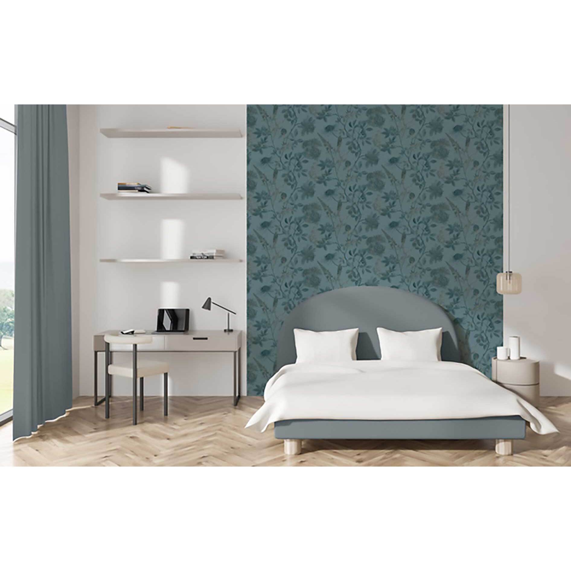 Papier peint floral botanique fond bleu canard