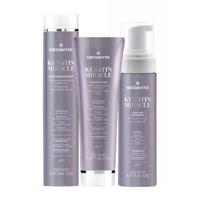 MEDAVITA Kit Keratin Miracle Sleek Hair Shampoo 250ml + Mask 150ml + Mousse 200ml