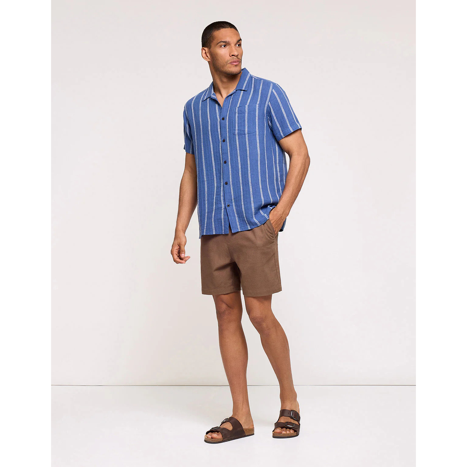 Camisa Manga Corta con Lino Azul Oscuro Rayas - Selvaire