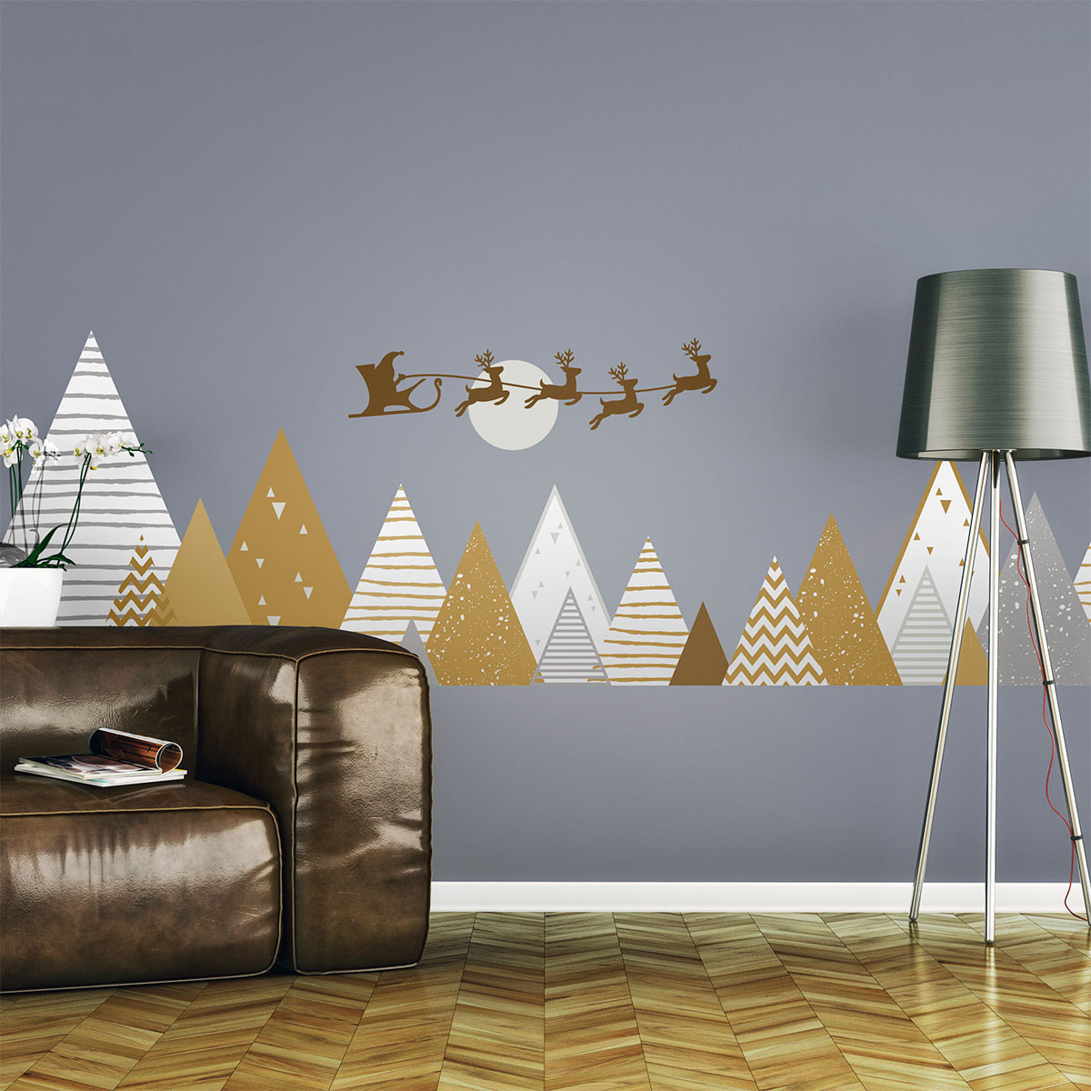 Stickers muraux Noël - Décoration chambre salon - Autocollant Sticker mural géant montagnes scandinaves MONTAGNES PÈRE NOËL ET LES RENNES