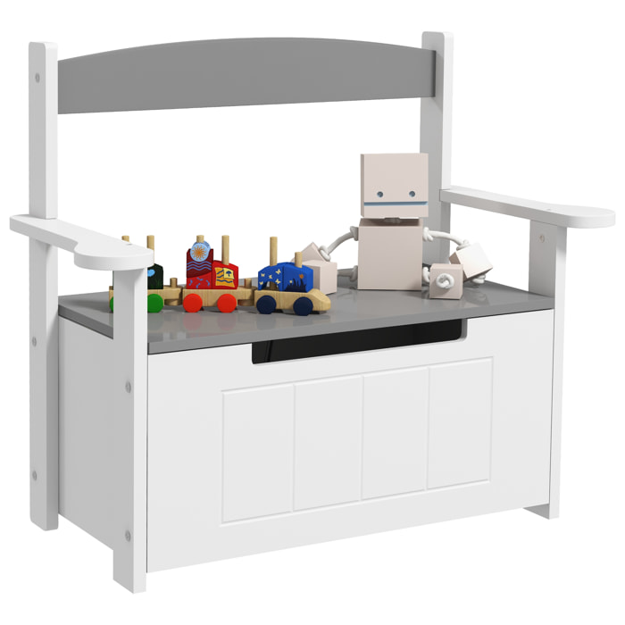 Baúl para Juguetes Infantil, Banco Almacenaje para Niños, con Respaldo y Tapa Amortiguadora, Carga 30 kg, para Salas de Juego, Dormitorio, 68,5x34x58 cm, Gris y Blanco