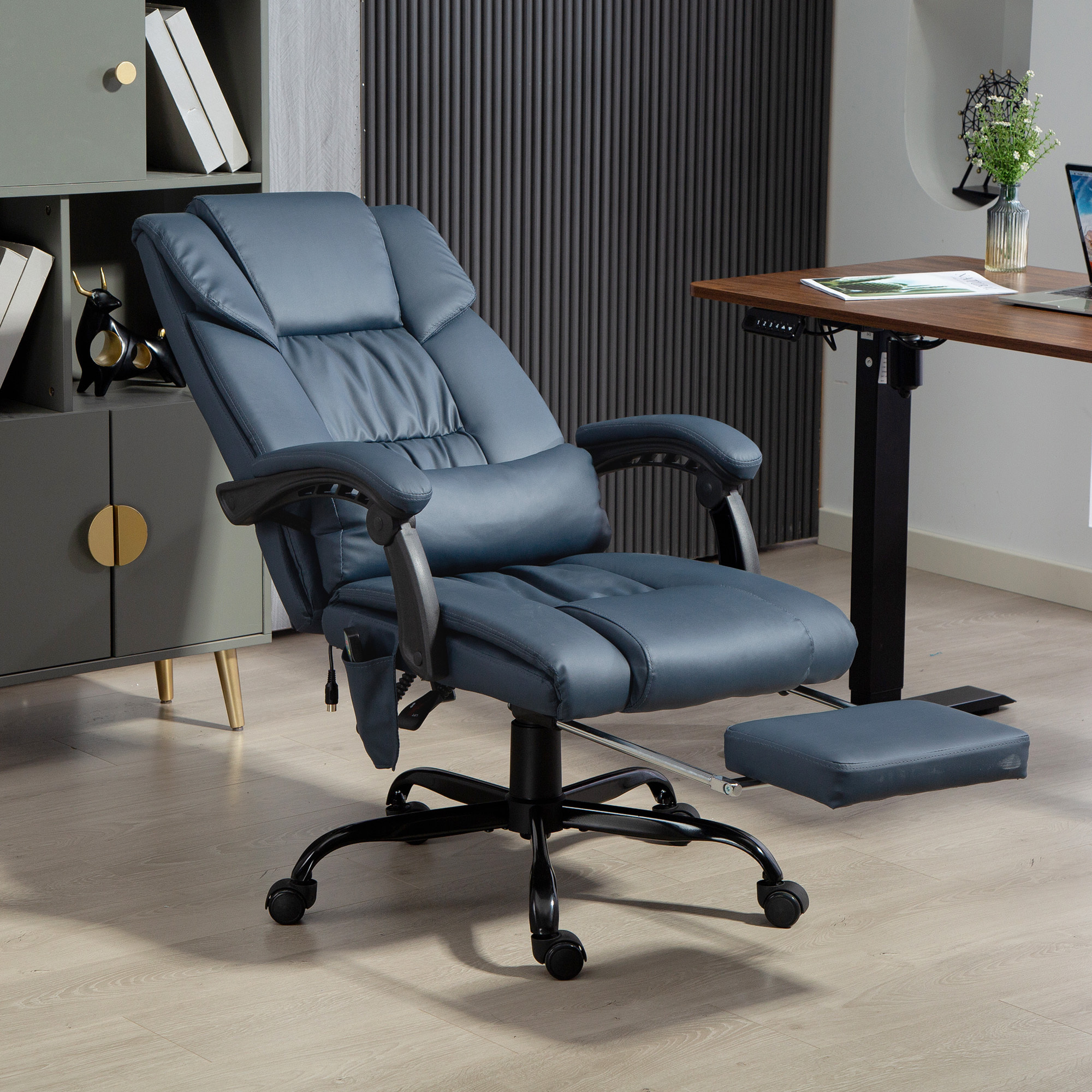 Fauteuil de bureau direction massant inclinable réglable - repose-pieds rétractable intégré - acier noir PU bleu