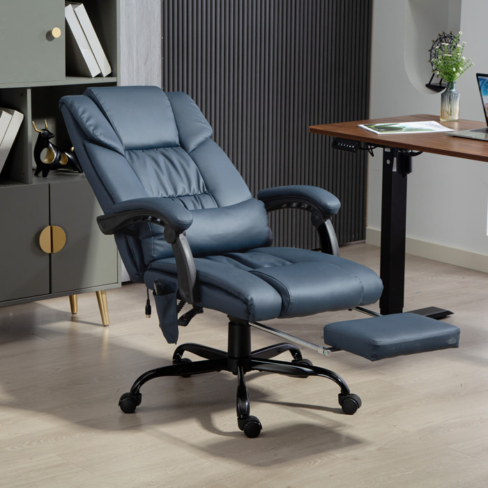 Fauteuil de bureau direction massant inclinable réglable - repose-pieds rétractable intégré - acier noir PU bleu